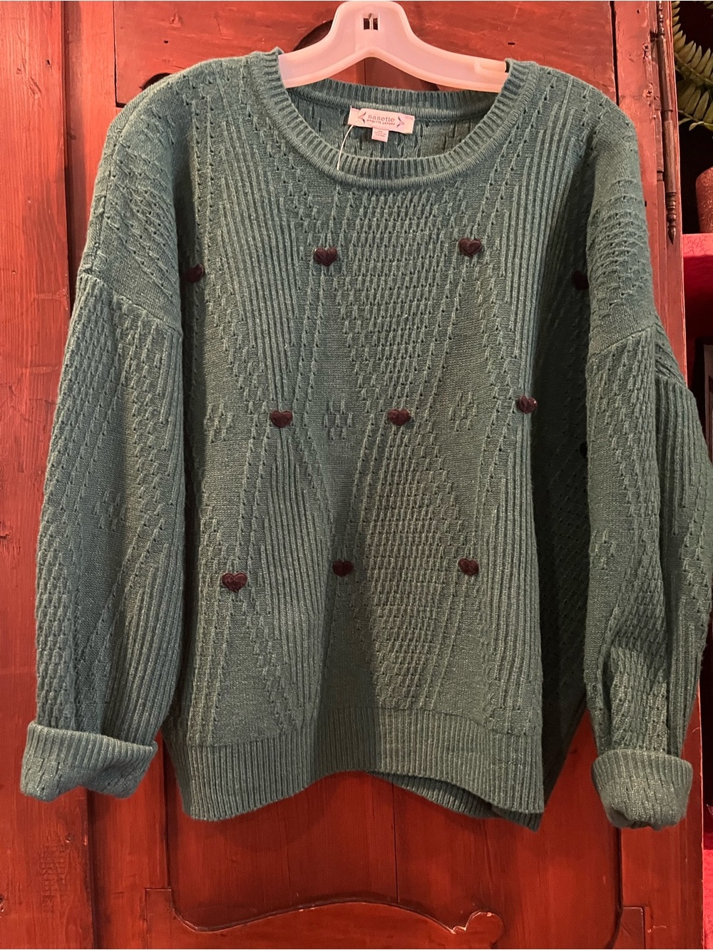 Cozy Green Knit Sweater with Heart Details - Women
